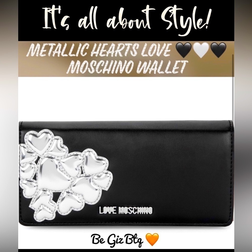 NWT Love Moschino Authentic Metallic Hearts Wallet Black And Silver
